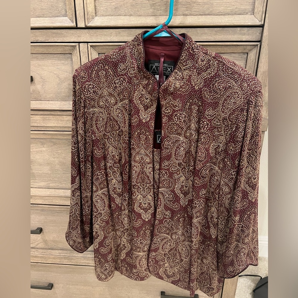 Alex Evenings Maroon with Gold Glitter Accents Patterned Jacket